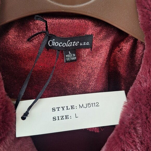 Wine Burgundy soft stretch foiled faux fur cropped moto jacket Women's Large NWT - Picture 5 of 6